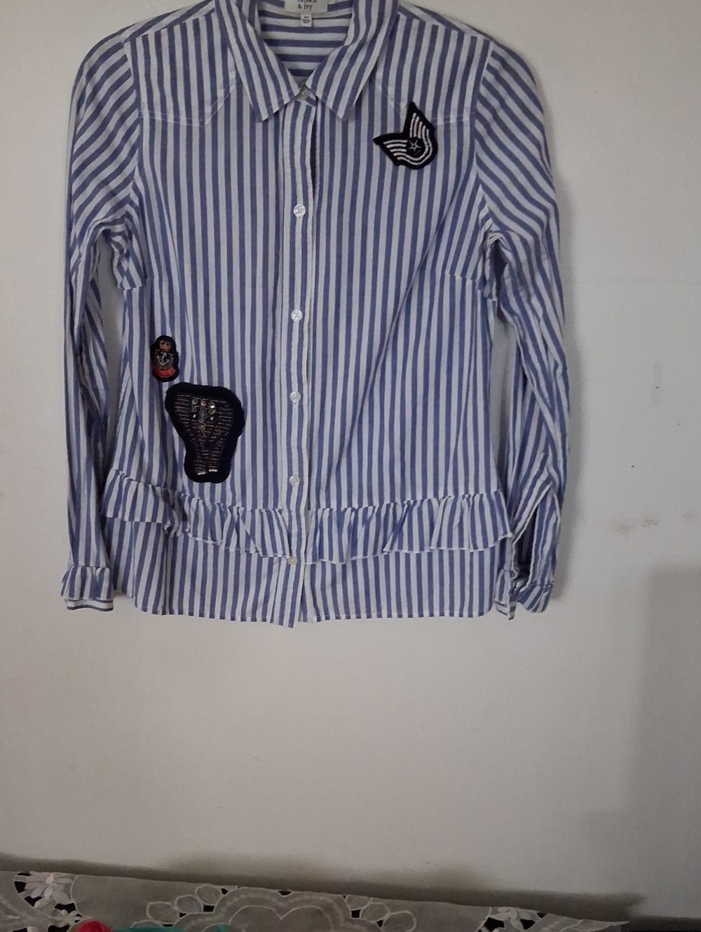 crown & ivy Blue and White Striped Button-Down with Patch Details
